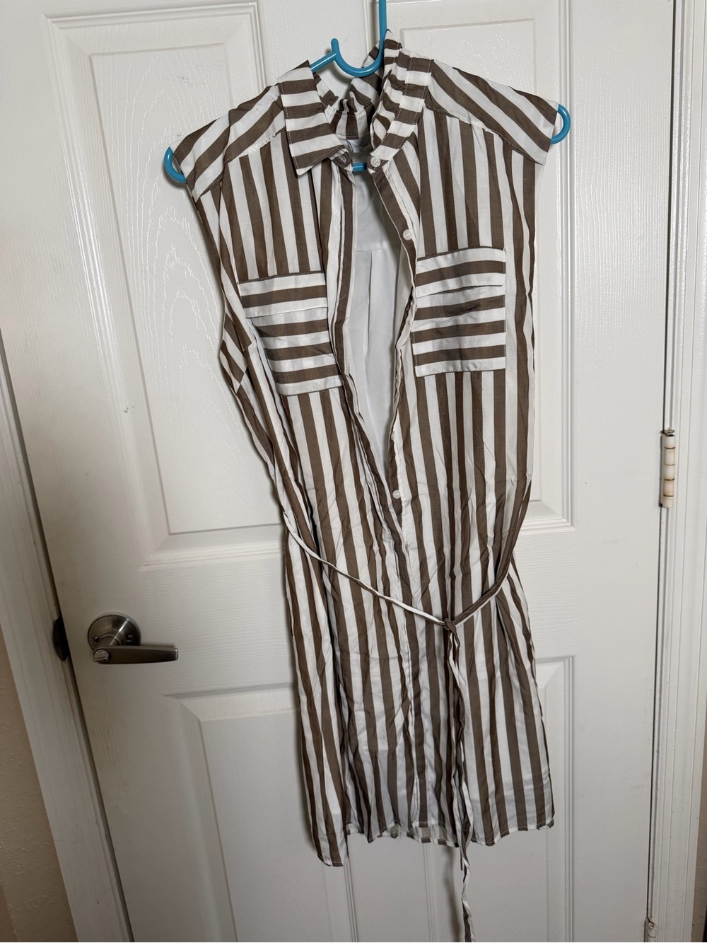 Sleeveless Khaki and White Striped Shirt Dress